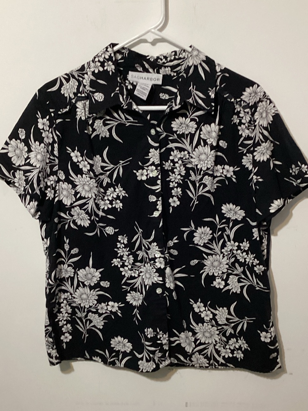 Vintage SAG HARBOR Y2K Black & White Floral Cotton Button Down Shirt Large